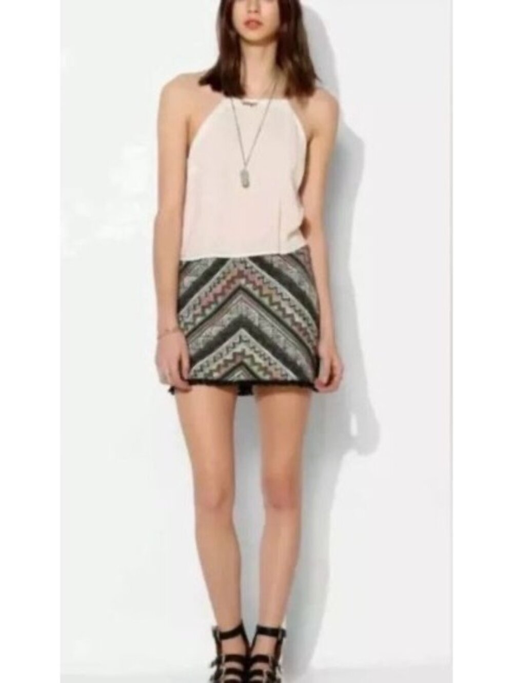 NWT Urban Outfitters Geometric Fringe Hem Mini Skirt L | Indie Sleaze Whimsigoth - Picture 3 of 16